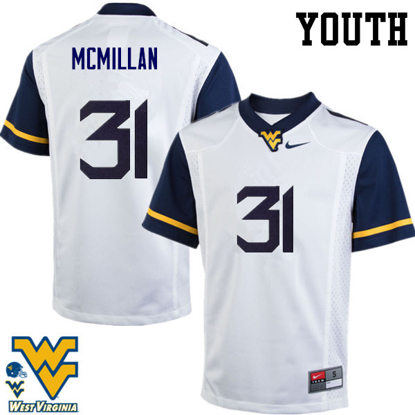 Youth #31 Jawaun McMillan West Virginia Mountaineers College Football Jerseys-White